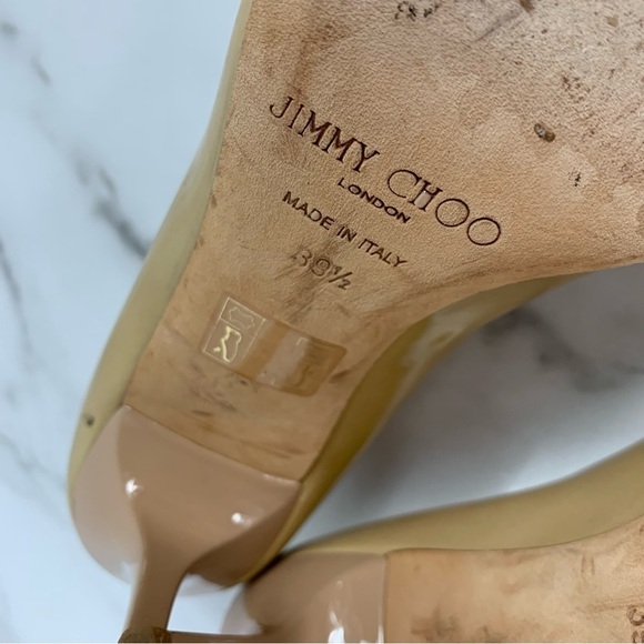 Jimmy Choo Maven Beige Tan Patent Mesh Crisscross Peep Toe Pumps 39.5 - Picture 12 of 13